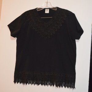 Hummingbird Black Lace Neck Bottom Short Sleeves 50%Cotton USA Made Women M